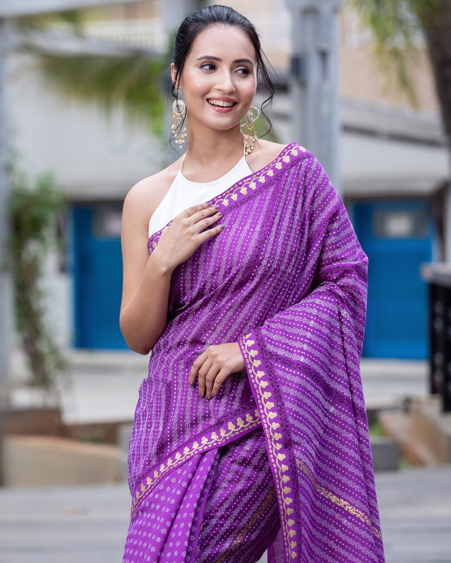 Ambient Purple-Silk Modal Block Print Saree Prasam Crafts