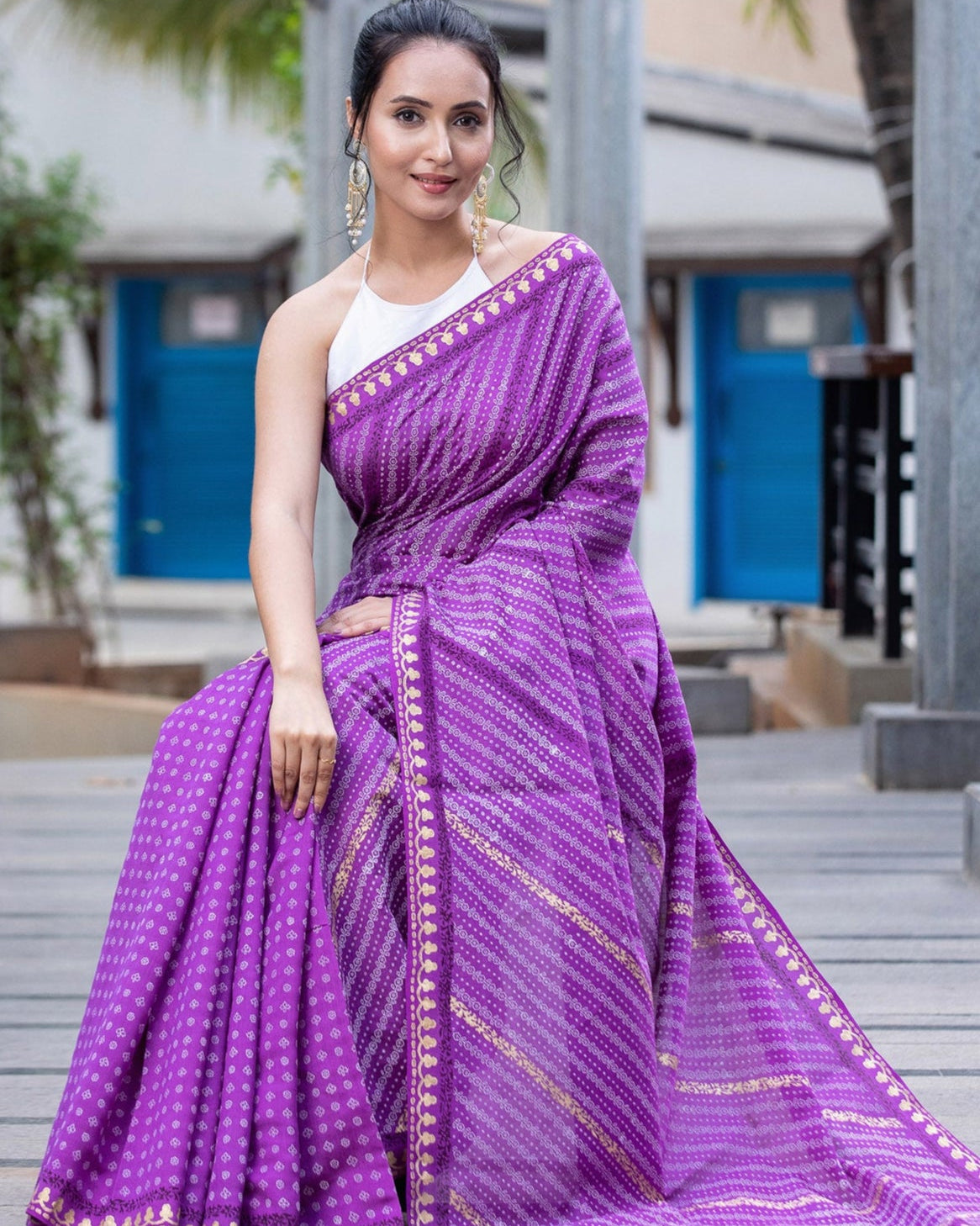 Ambient Purple-Silk Modal Block Print Saree Prasam Crafts