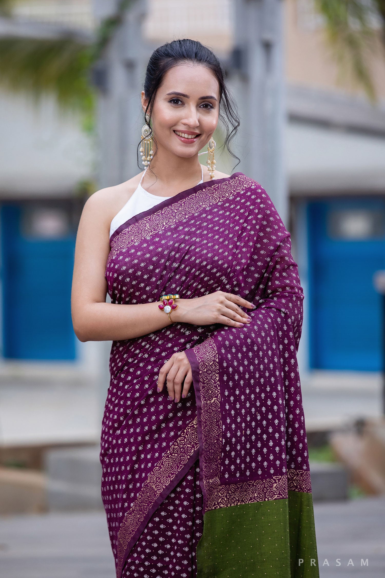 Limelight Aubergine-Cotton Block Print Saree Prasam crafts