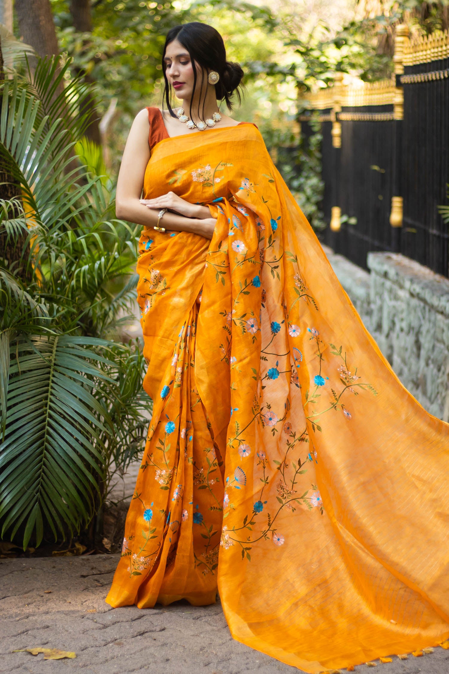 Floral Sunshine- Embroidery Silk linen Saree PRasam Crafts