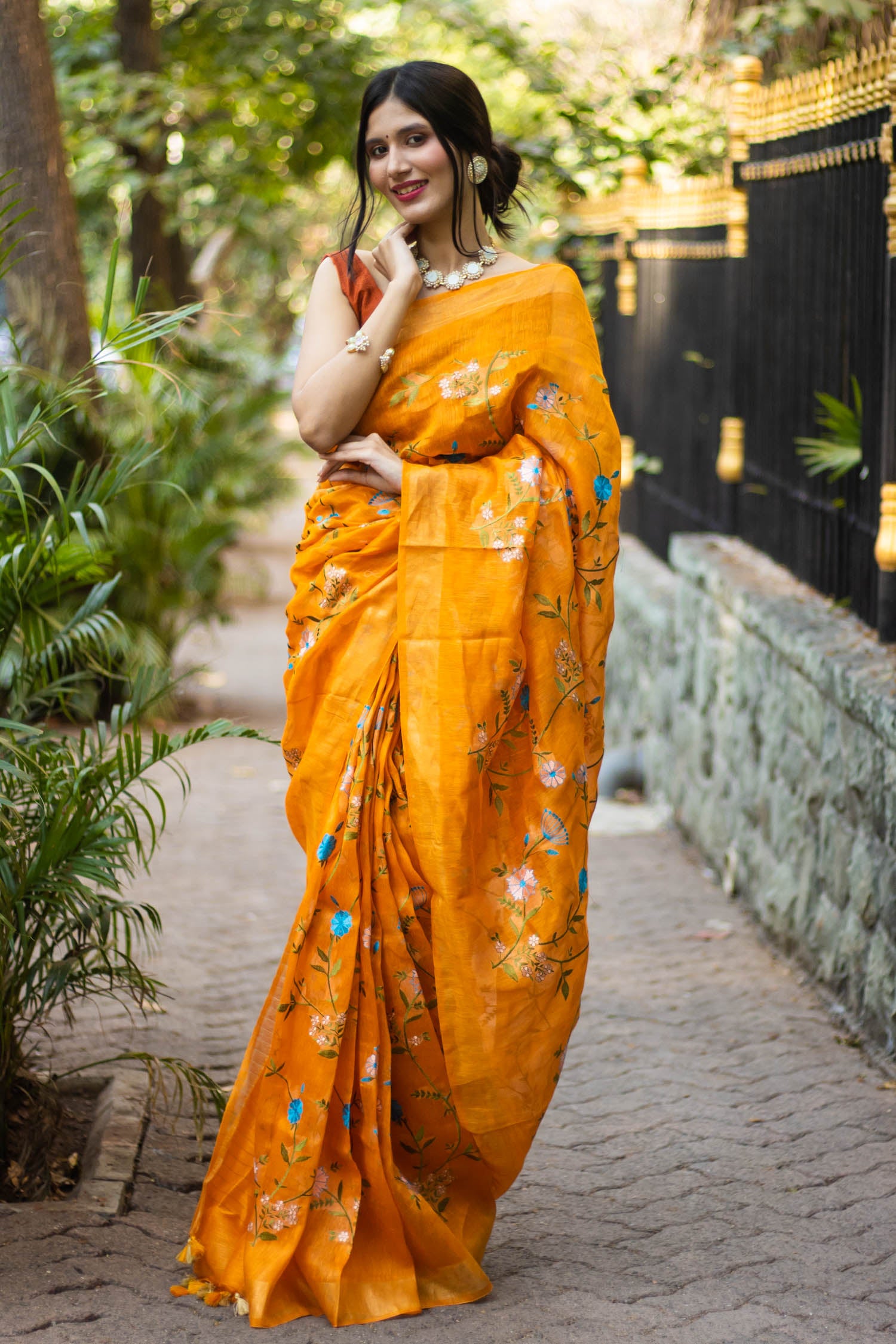Floral Sunshine- Embroidery Silk linen Saree PRasam Crafts