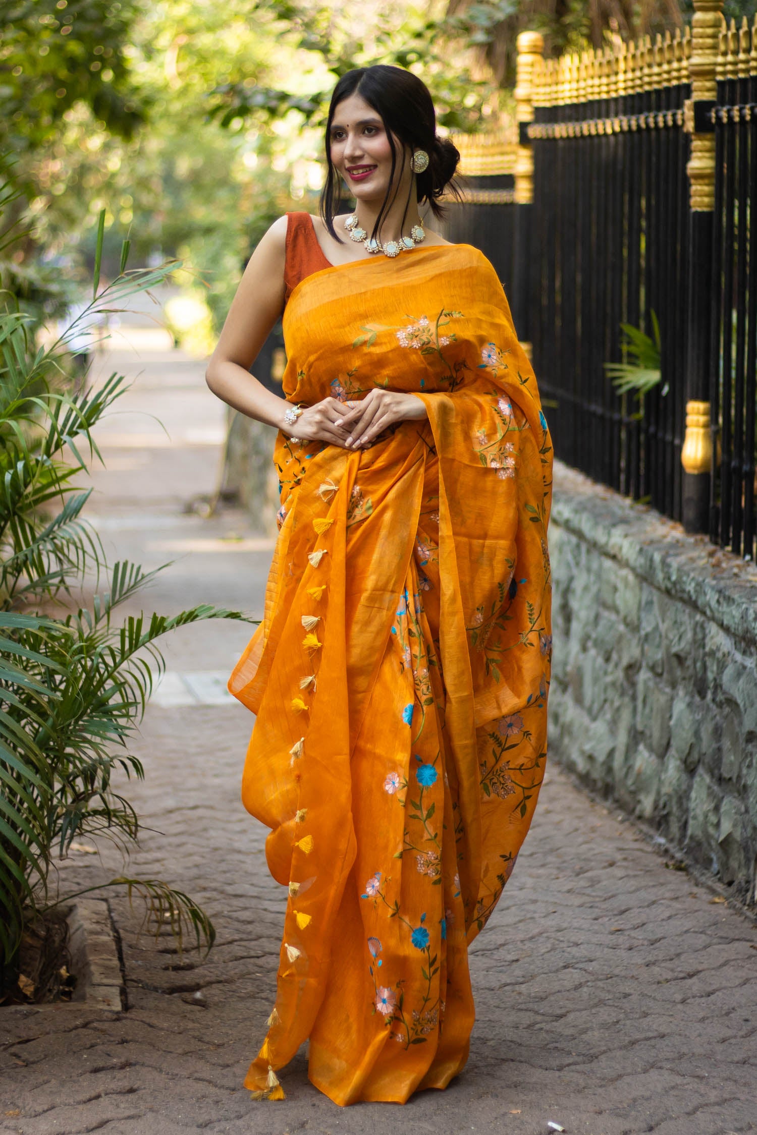 Floral Sunshine- Embroidery Silk linen Saree PRasam Crafts