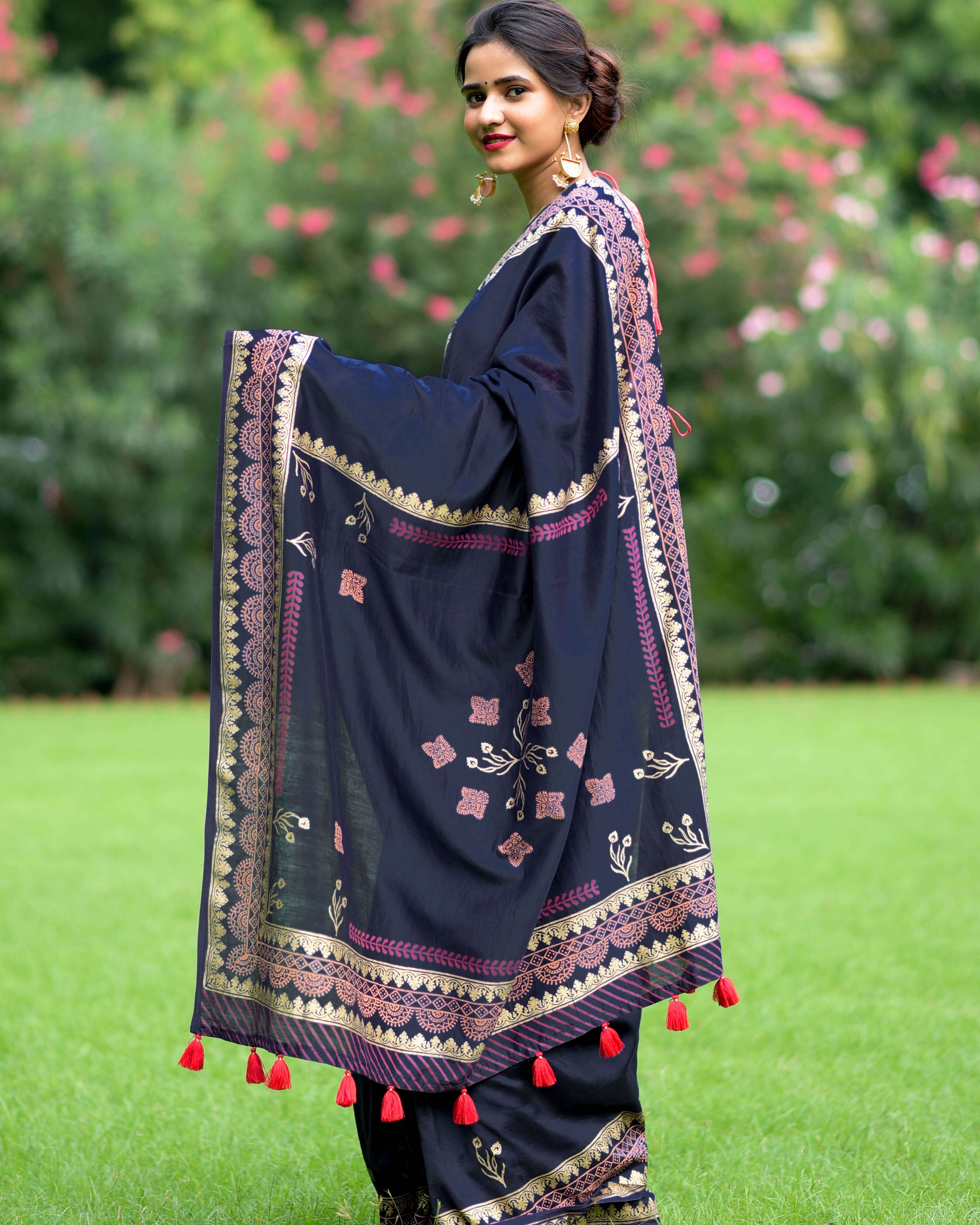 Couture Blues-Chanderi Block Print Saree