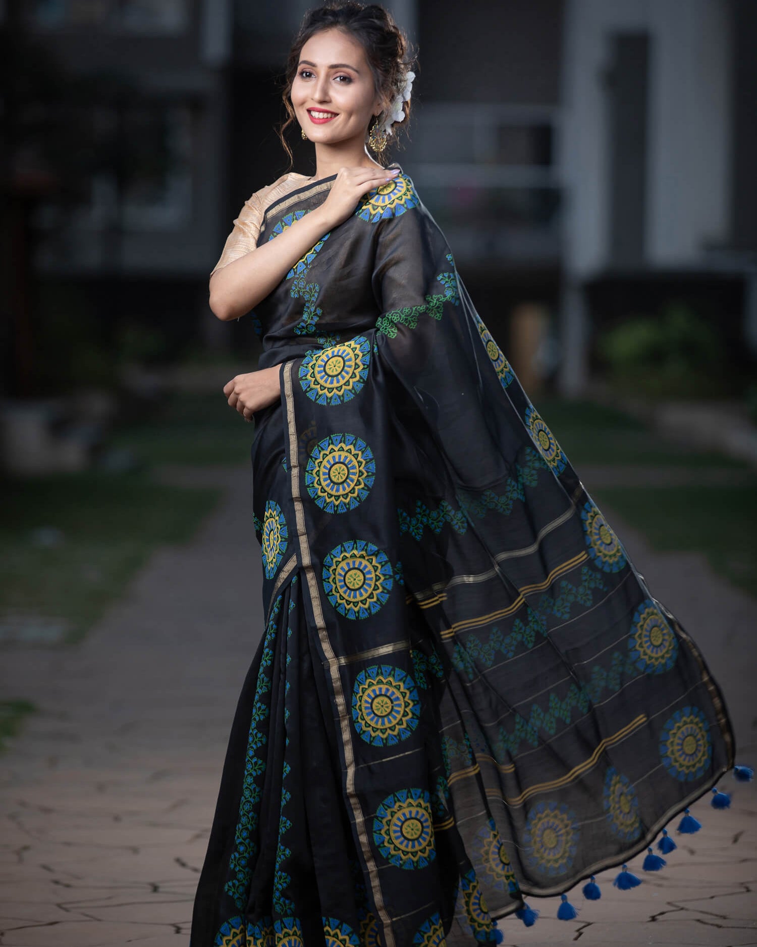 Exquisite Ebony Chanderi Handblock Print Saree Prasamcrafts Handcrafted Festive Workwear Dailywear