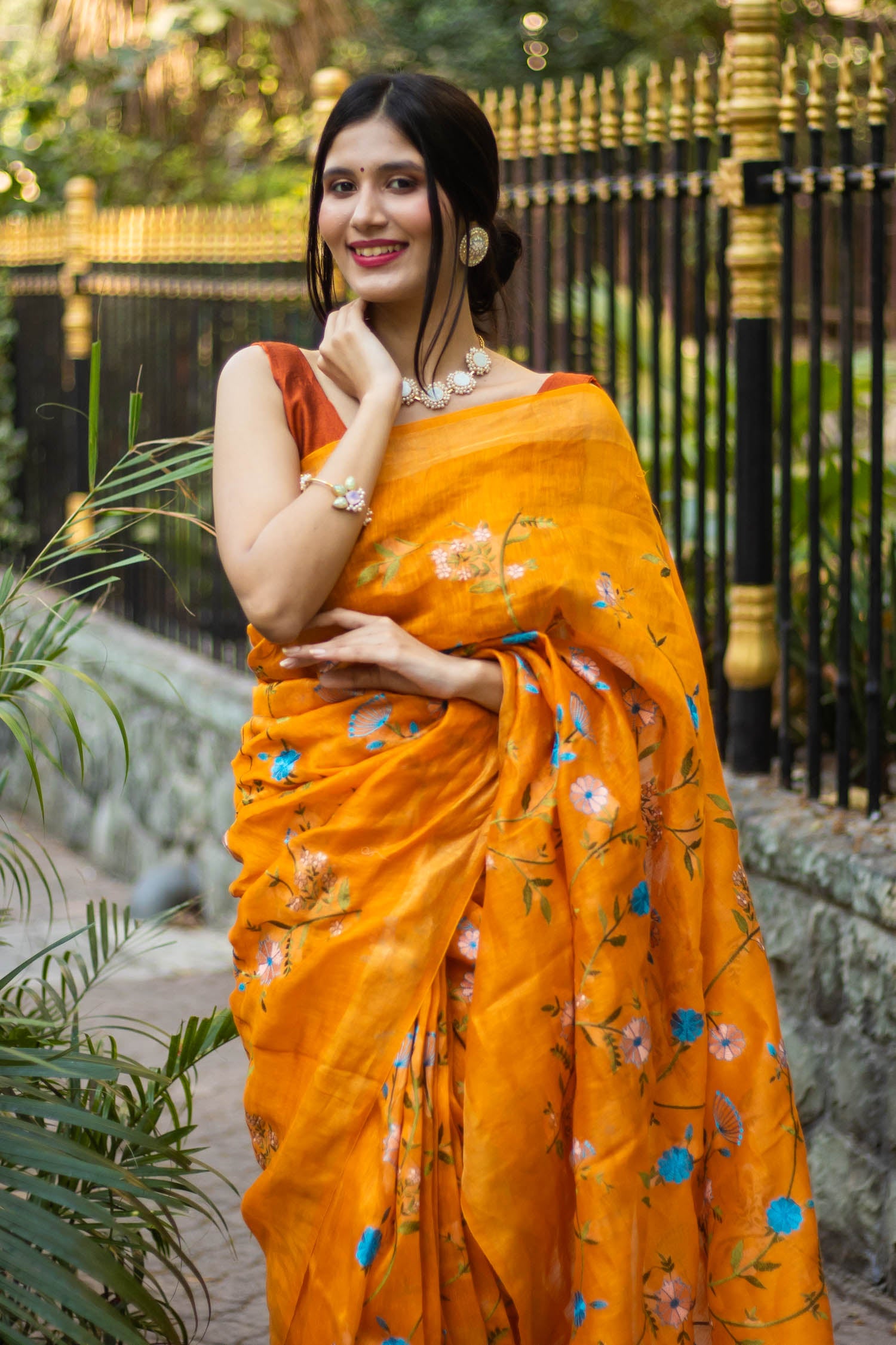 Floral Sunshine- Embroidery Silk linen Saree PRasam Crafts