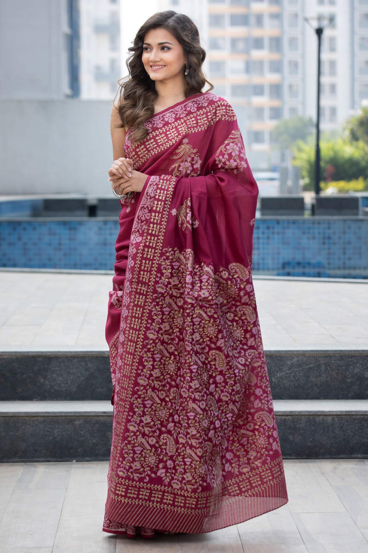 Maroon Gaze Chanderi Handblock Print Saree Prasamcrafts Handcrafted Festive Workwear Dailywear