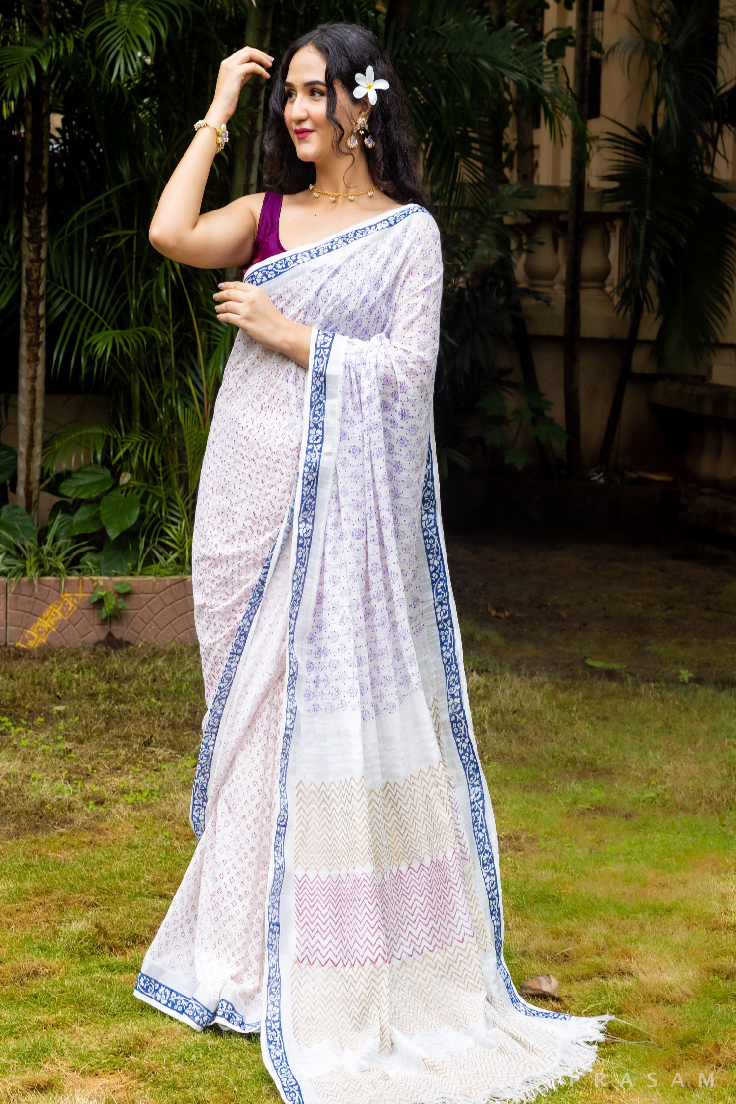 Camellia-Cotton Block Print Saree Prasam Crafts