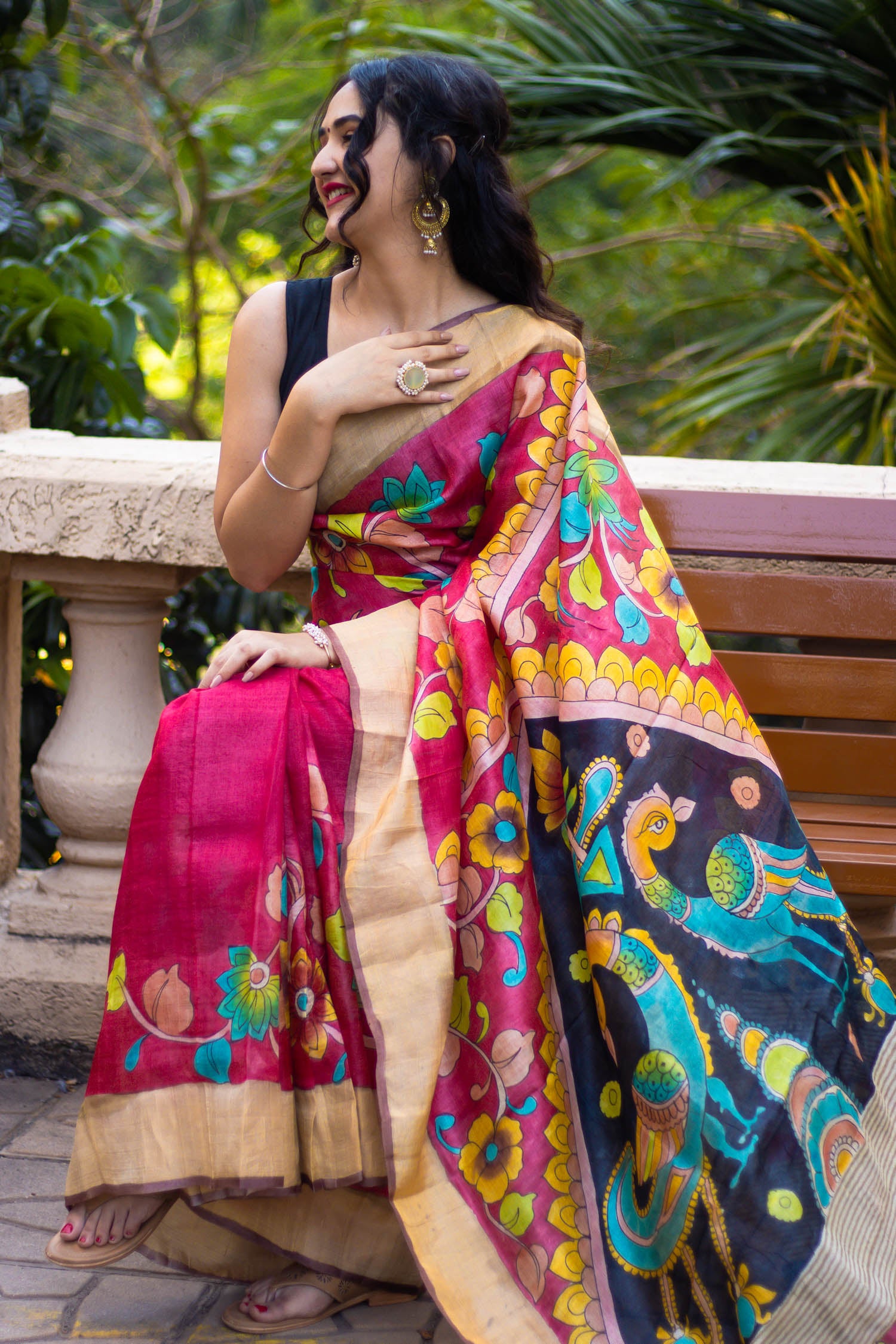 Multicolor Floral Hand Painted- Kalamkari Tassar Silk Saree Prasam Crafts