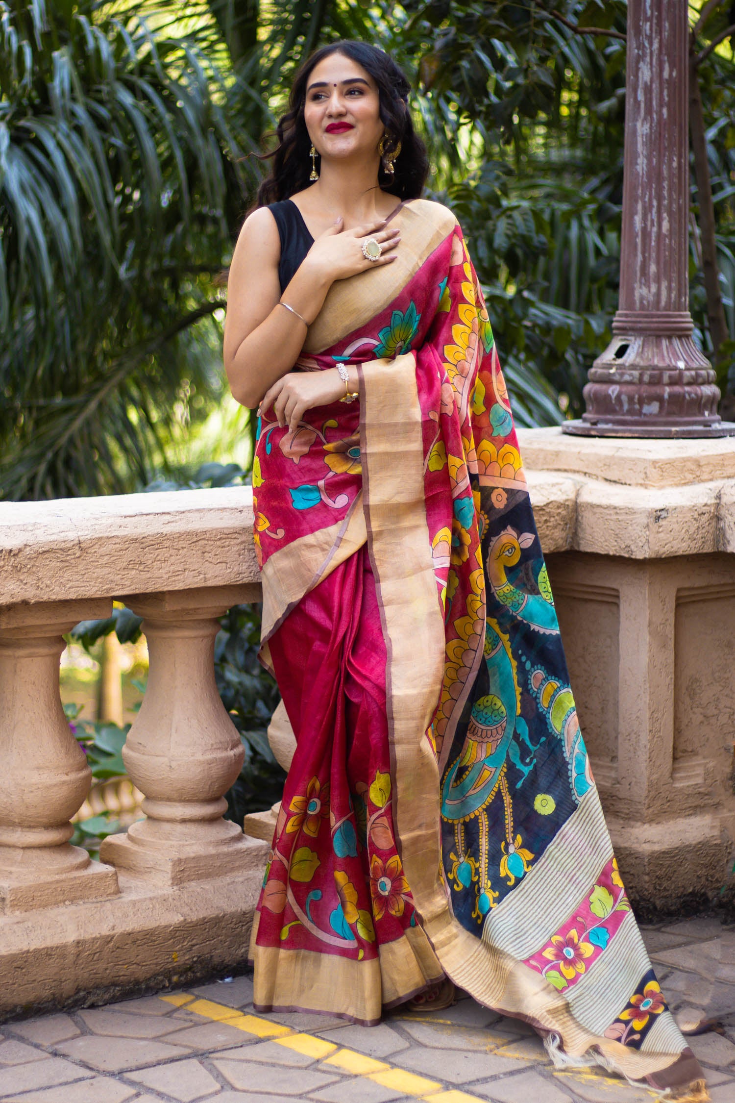 Multicolor Floral Hand Painted- Kalamkari Tassar Silk Saree Prasam Crafts
