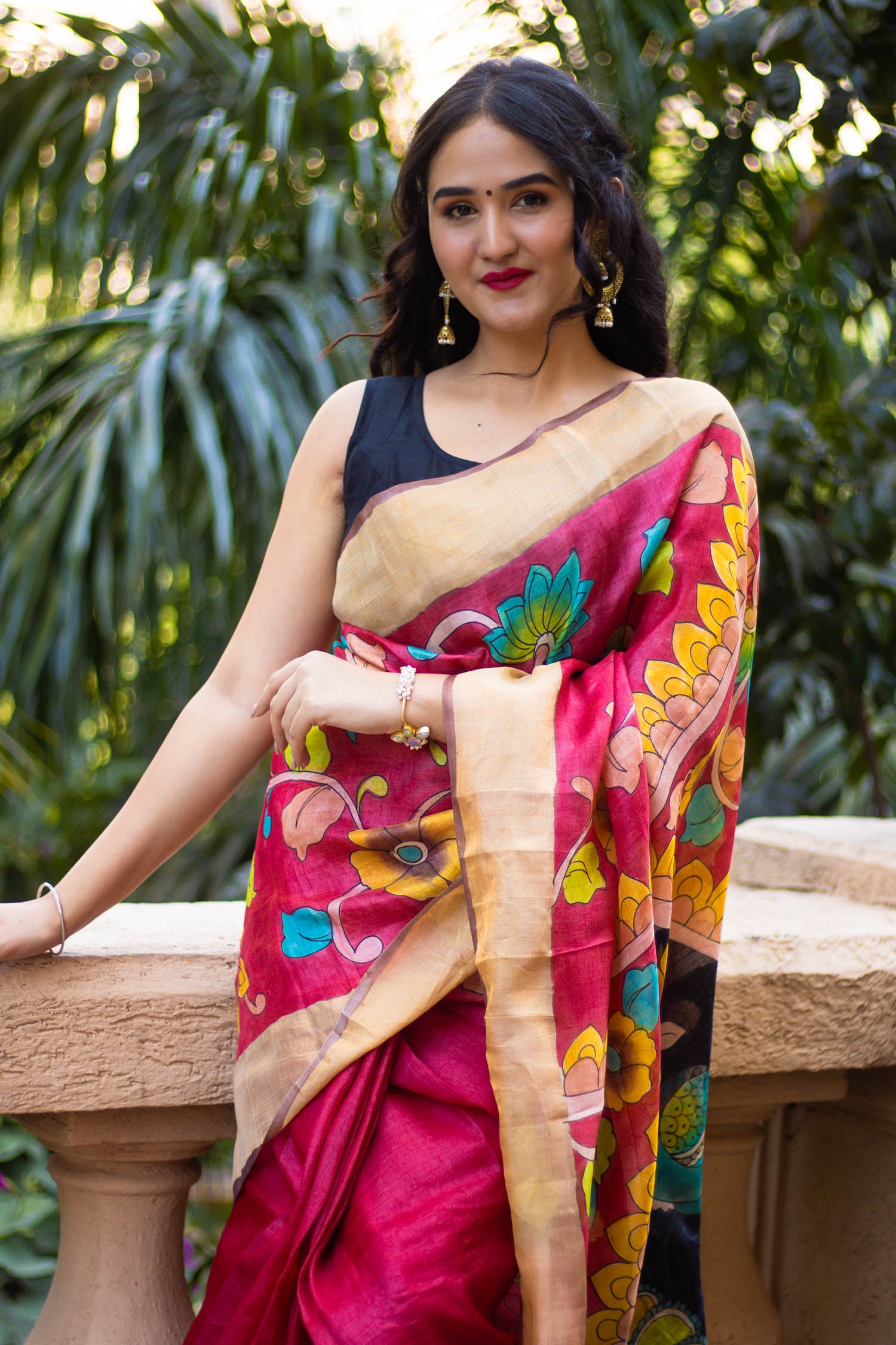 Multicolor Floral Hand Painted- Kalamkari Tassar Silk Saree Prasam Crafts