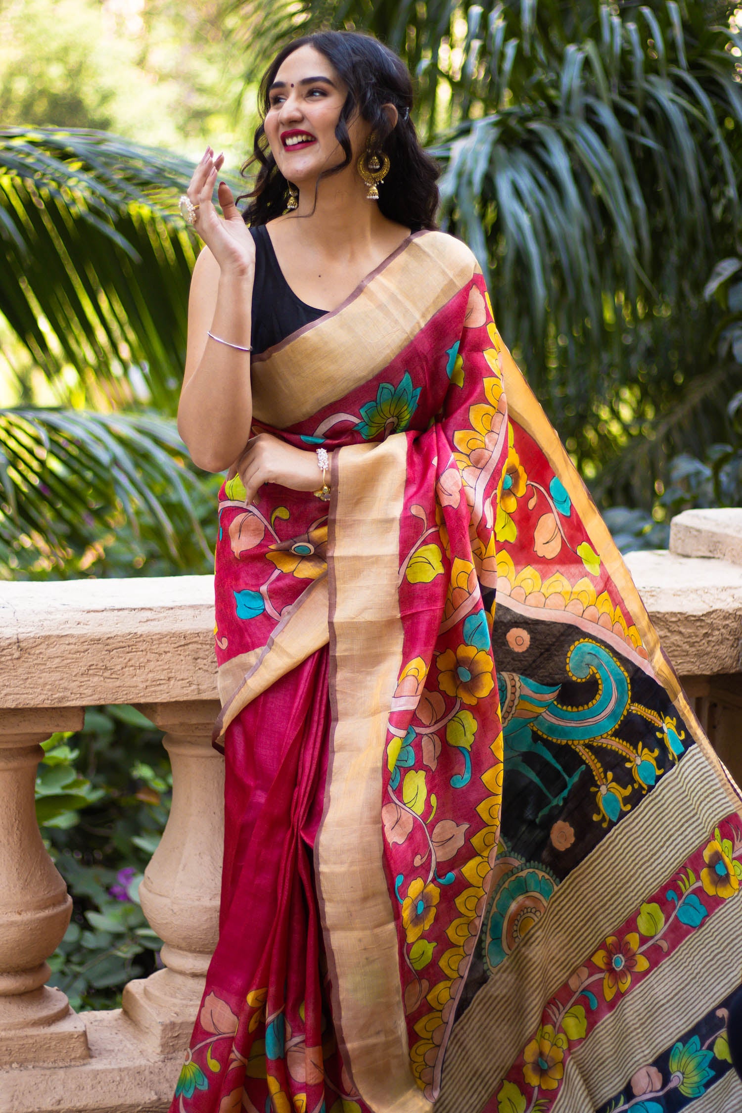 Multicolor Floral Hand Painted- Kalamkari Tassar Silk Saree Prasam Crafts