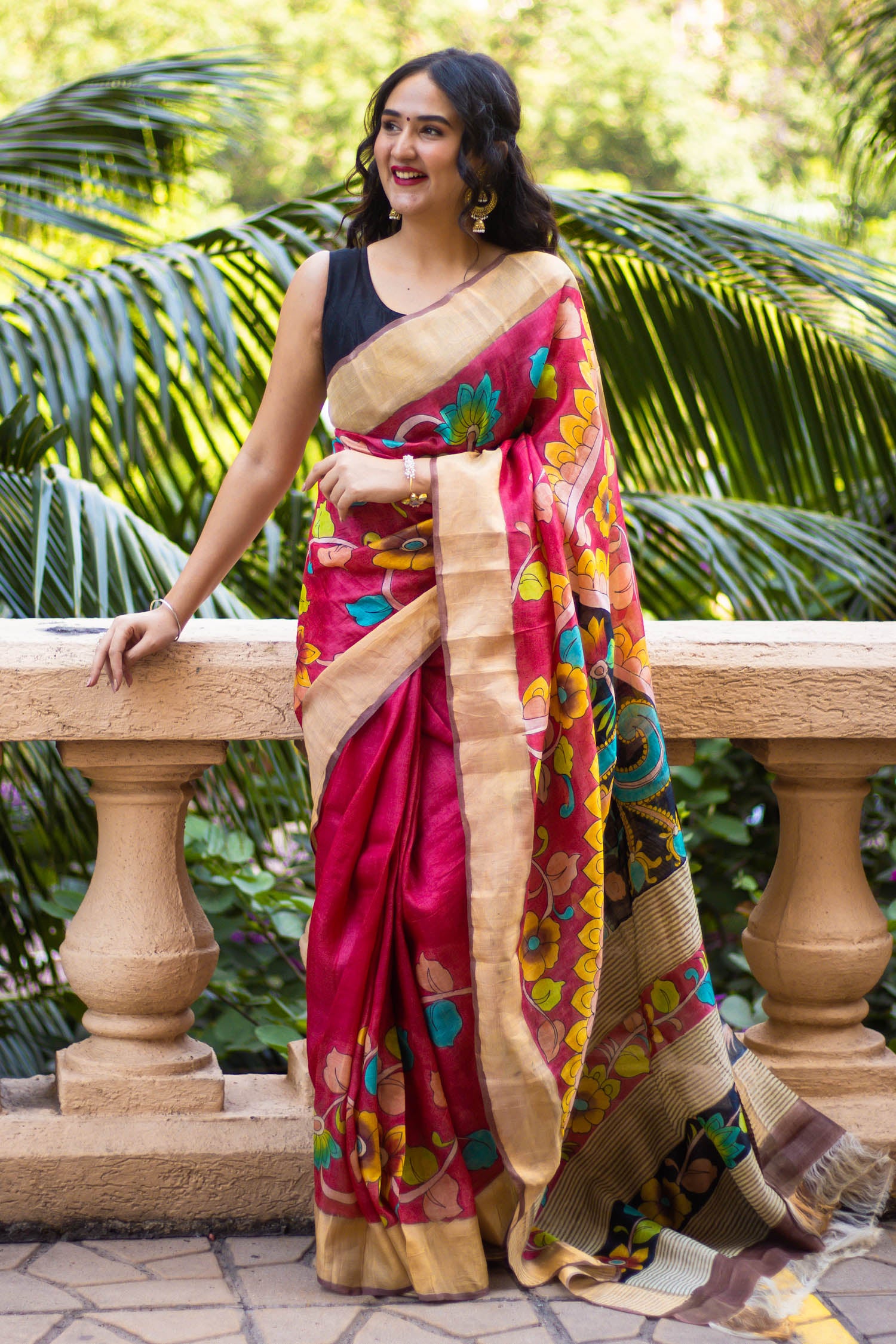Multicolor Floral Hand Painted- Kalamkari Tassar Silk Saree Prasam Crafts