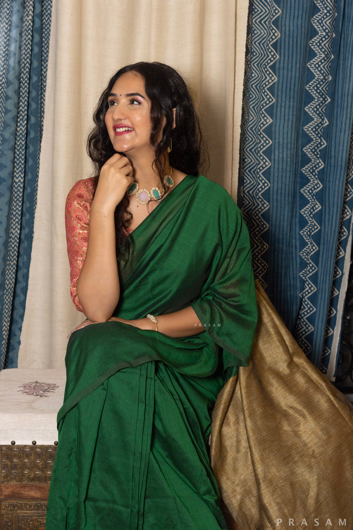 Pine Green Cotton Blend Saree Prasam Crafts