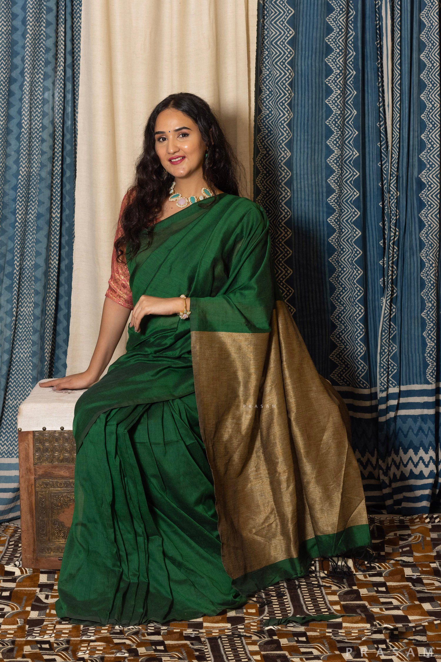 Pine Green Cotton Blend Saree Prasam Crafts