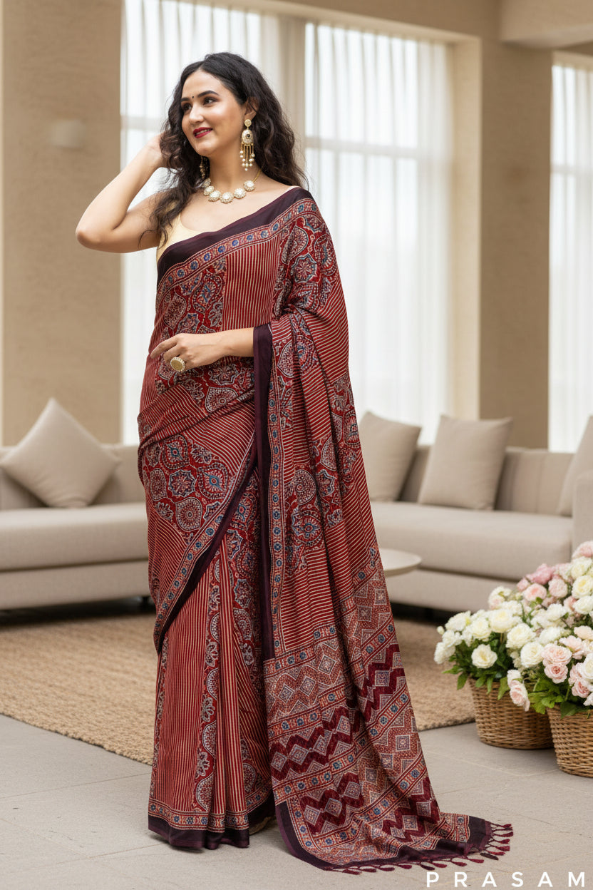 Lineal Beat-Ajrakh Modal Silk Saree PRasam Crafts