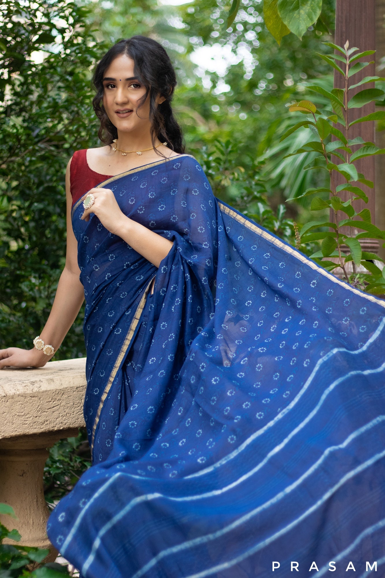 Floral Sway- Indigo Chanderi Block Print Saree Prasam Crafts