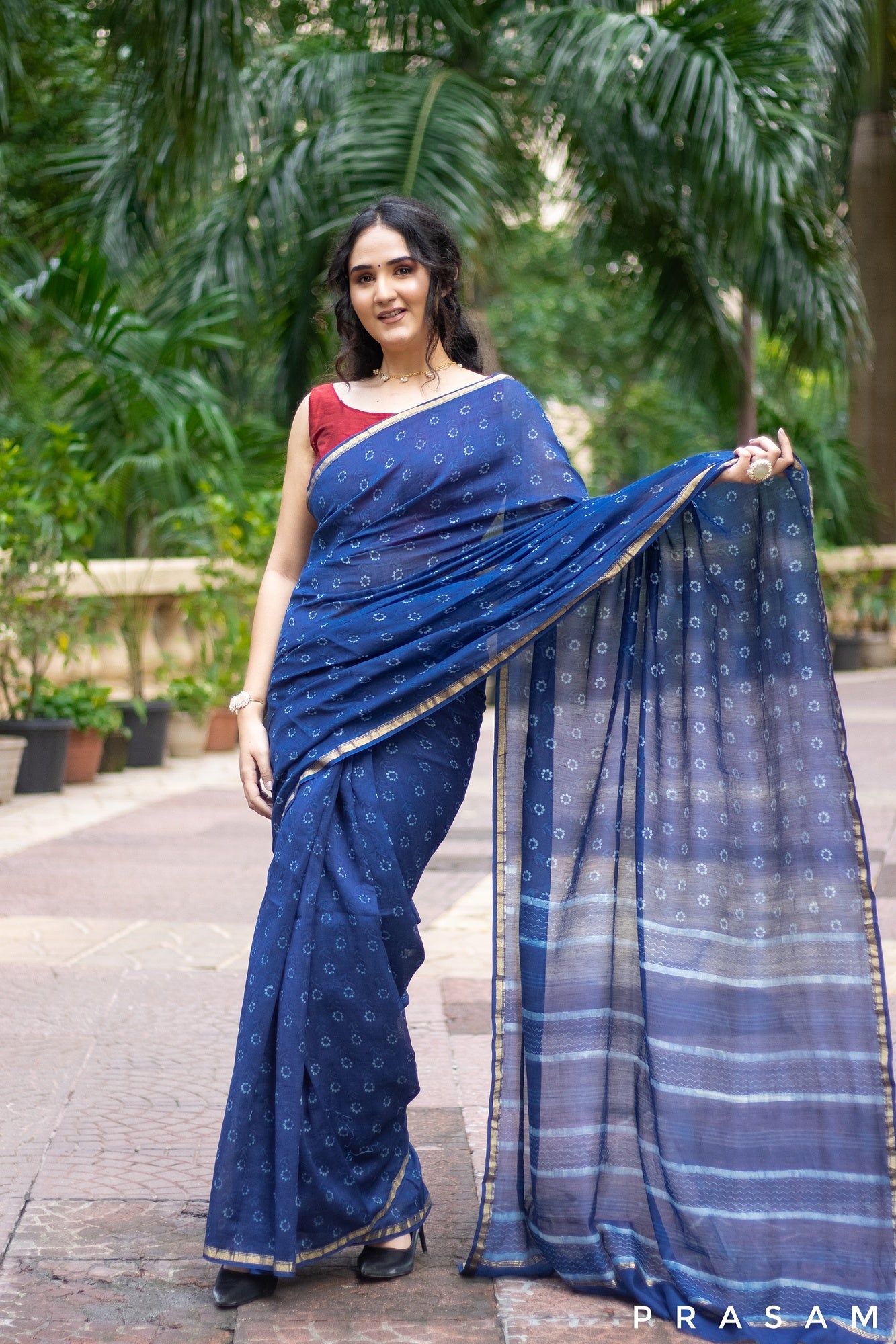 Floral Sway- Indigo Chanderi Block Print Saree Prasam Crafts