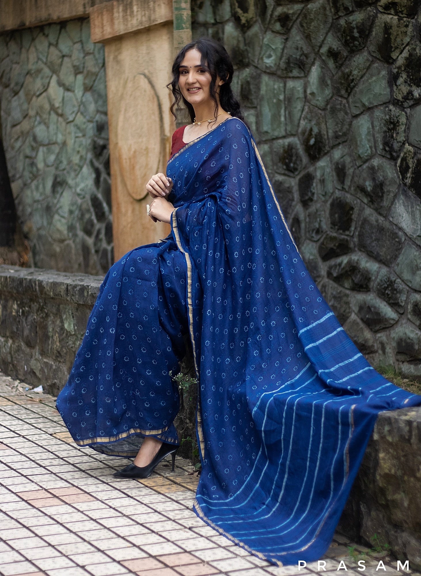 Floral Sway- Indigo Chanderi Block Print Saree Prasam Crafts