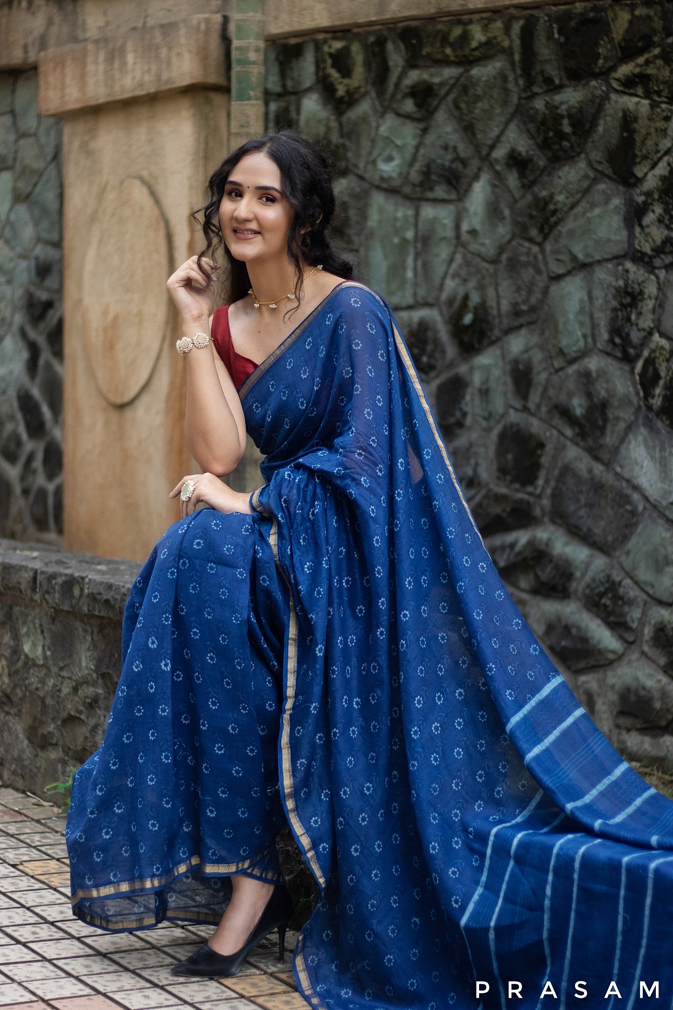 Floral Sway- Indigo Chanderi Block Print Saree Prasam Crafts