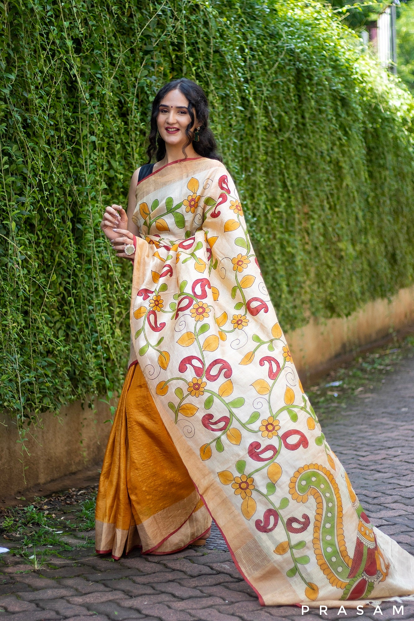 Antique Ornate-Kalamkari Pure Tassar Silk Saree Prasam Crafts