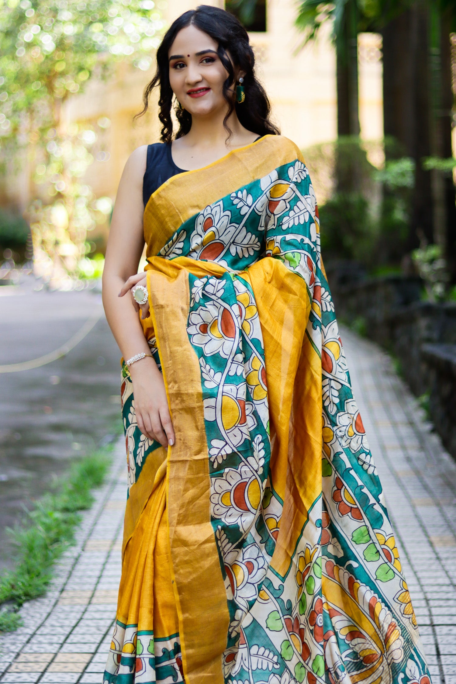 Frangipani Kalamkari Pure Tassar Silk Saree Prasam Crafts