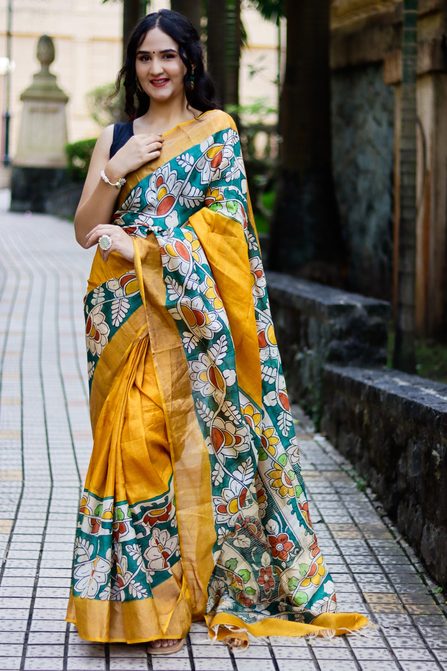 Frangipani Kalamkari Pure Tassar Silk Saree Prasam Crafts