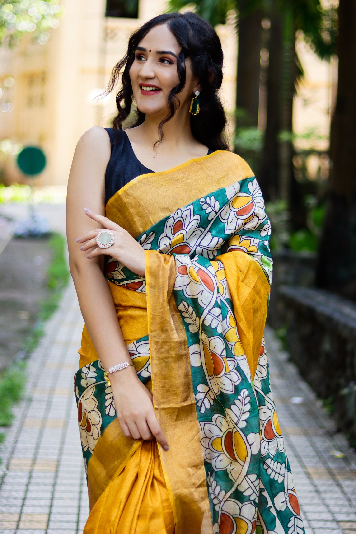 Frangipani Kalamkari Pure Tassar Silk Saree Prasam Crafts