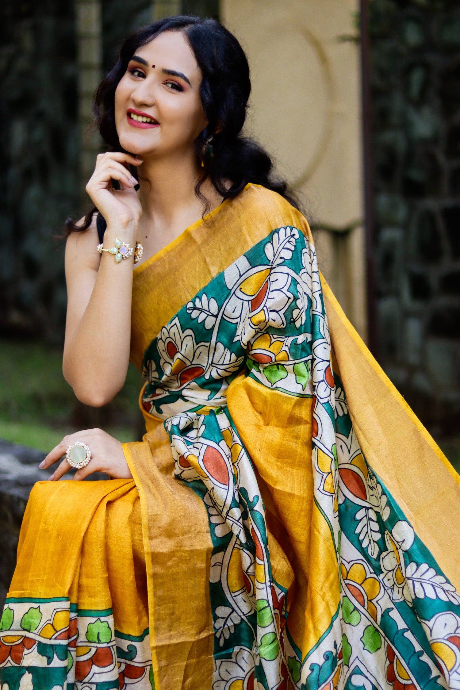 Frangipani Kalamkari Pure Tassar Silk Saree Prasam Crafts