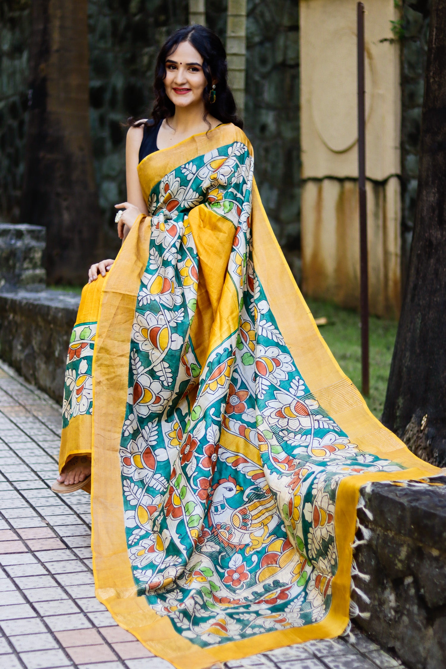 Frangipani Kalamkari Pure Tassar Silk Saree Prasam Crafts