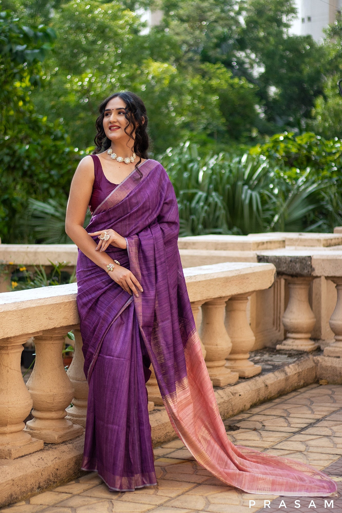 Purple Iris Handwoven Pure Tassar Gichha Silk Saree Prasam Crafts