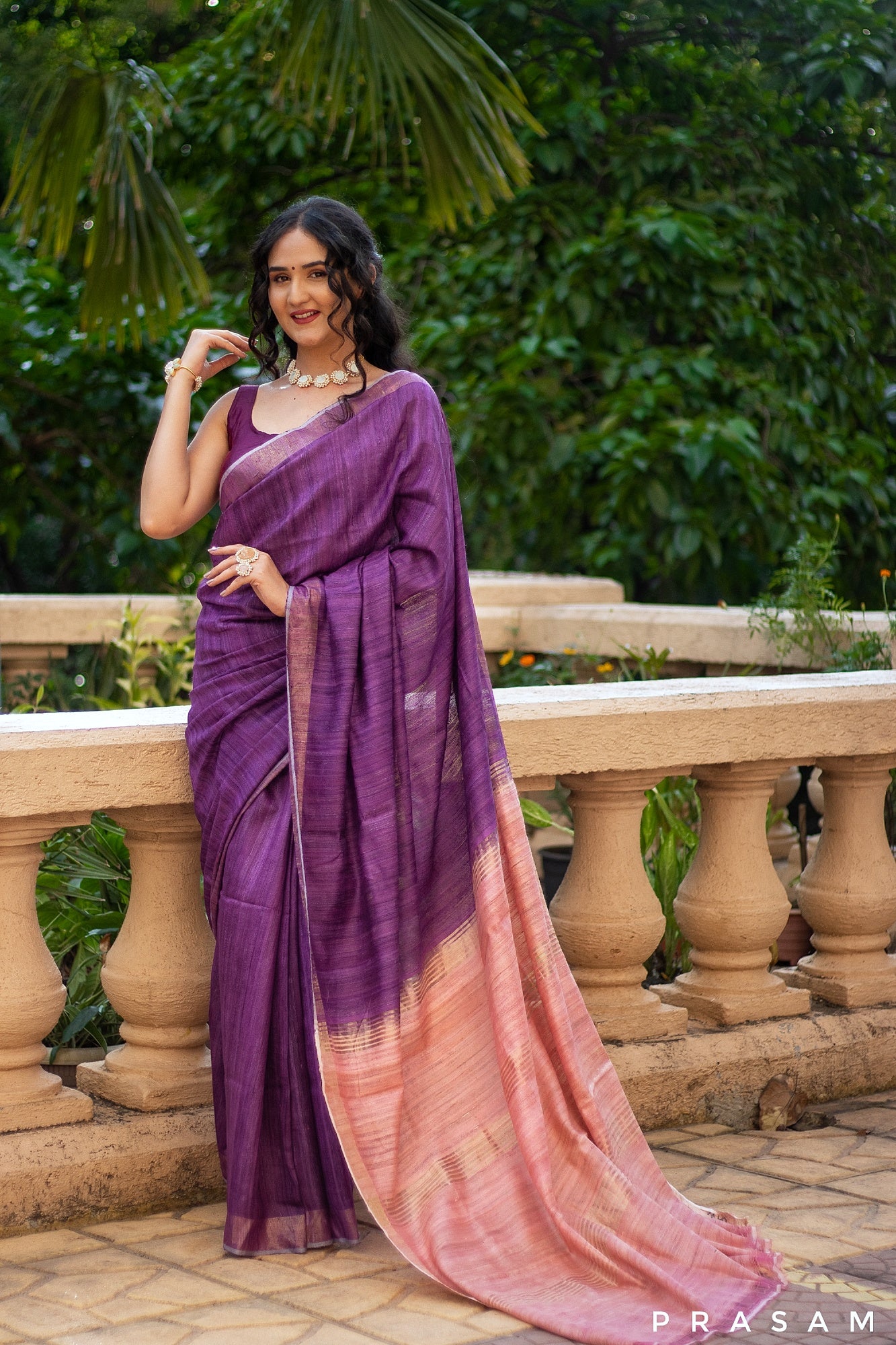 Purple Iris Handwoven Pure Tassar Gichha Silk Saree Prasam Crafts