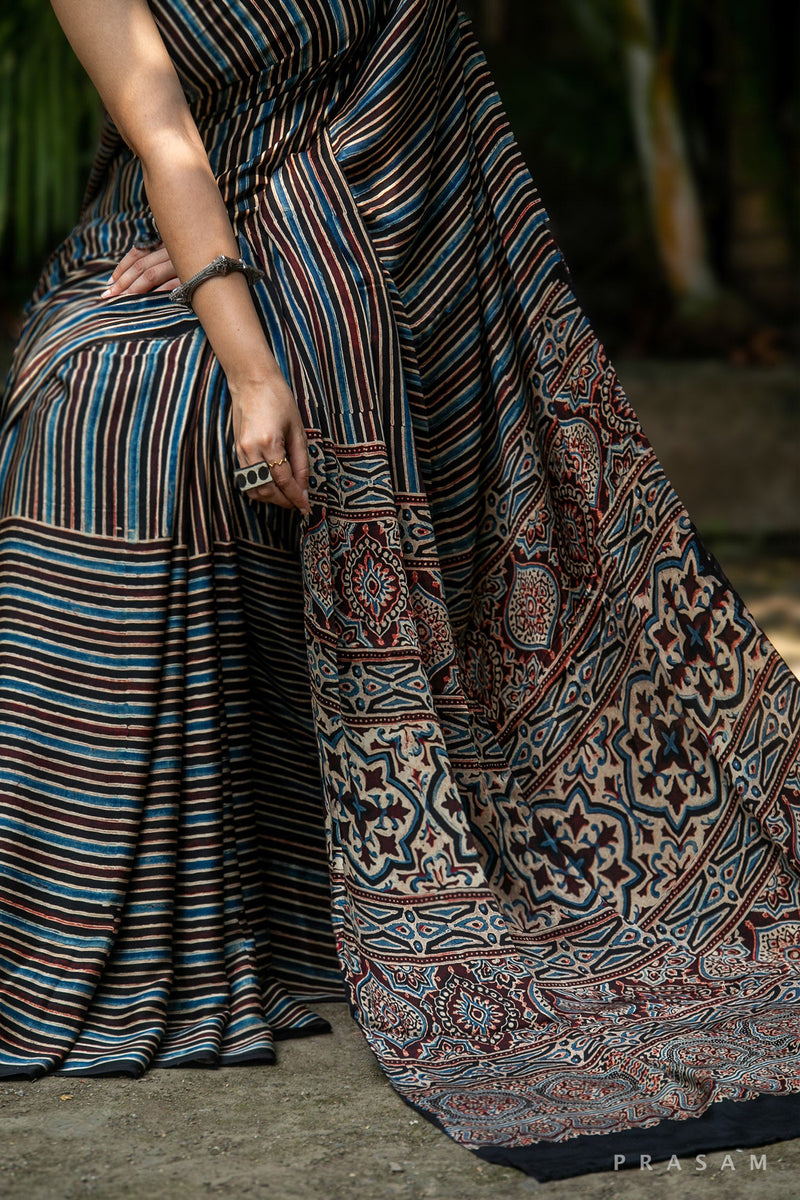 Lineal Rhythm-Ajrakh Modal Silk Saree PRasam Crafts