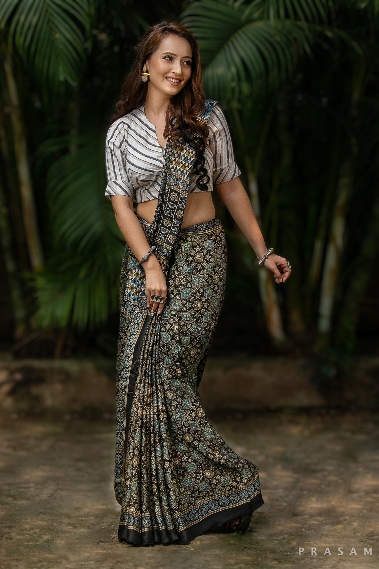 Cold Tones-Ajrakh Modal Silk Saree Prasam Crafts