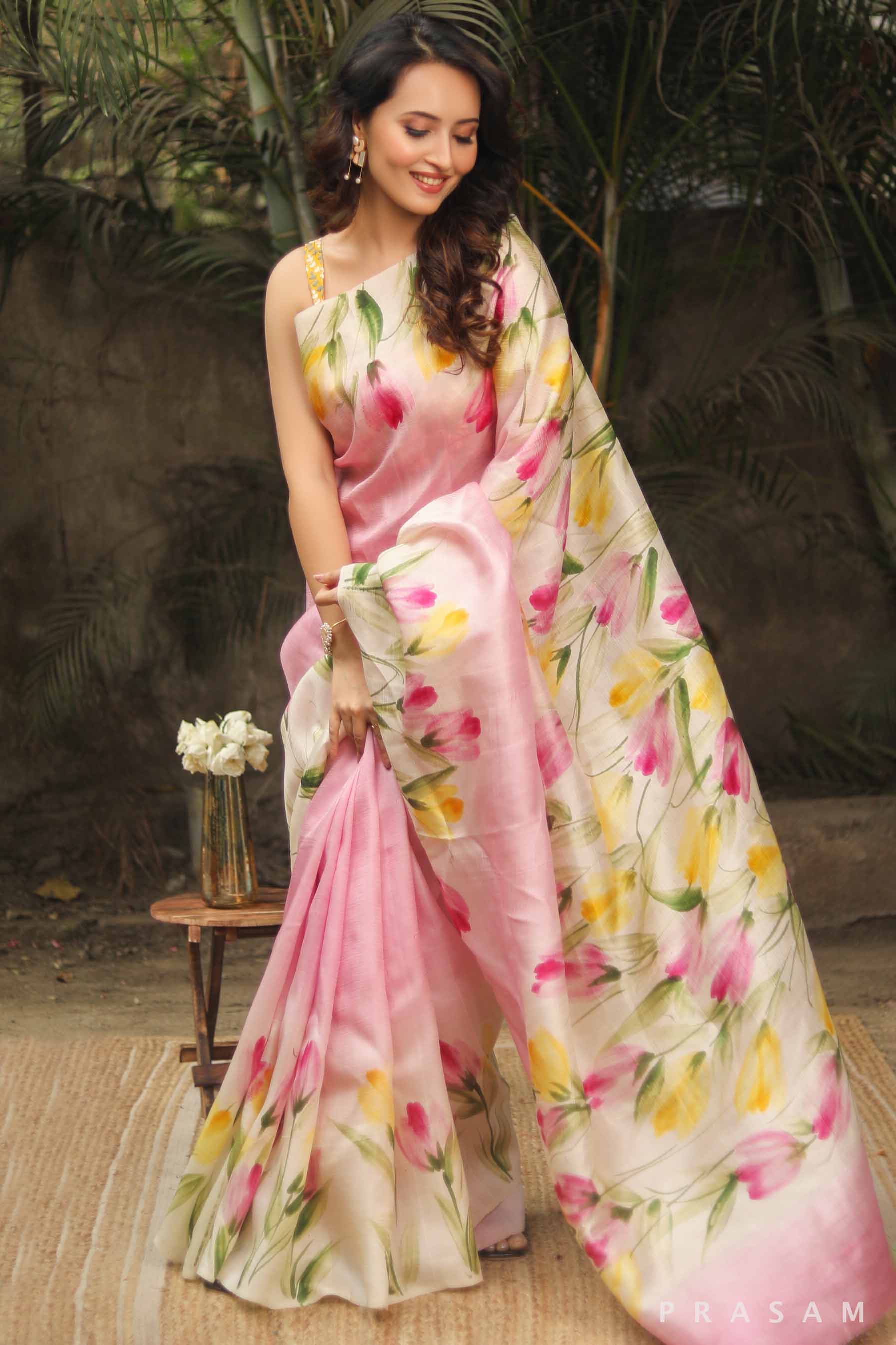 Pink Hand Painted Pure Silk Saree - Vibrant and Elegant Prasam Crafts