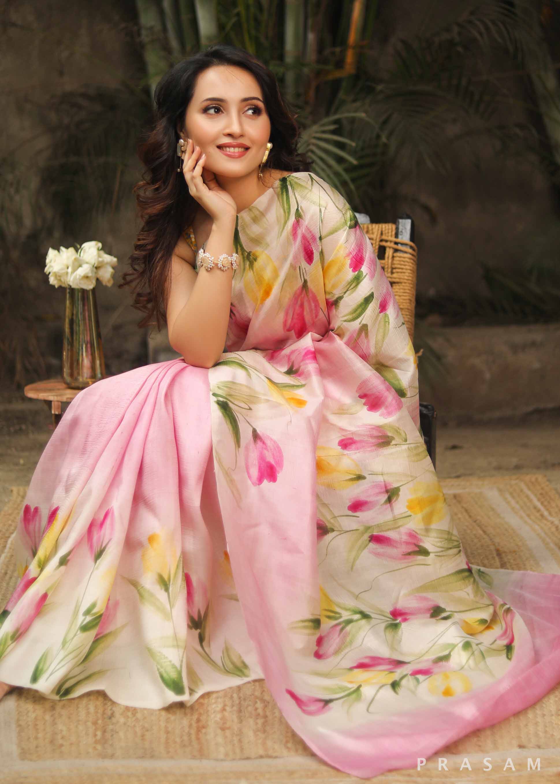 Pink Hand Painted Pure Silk Saree - Vibrant and Elegant Prasam Crafts