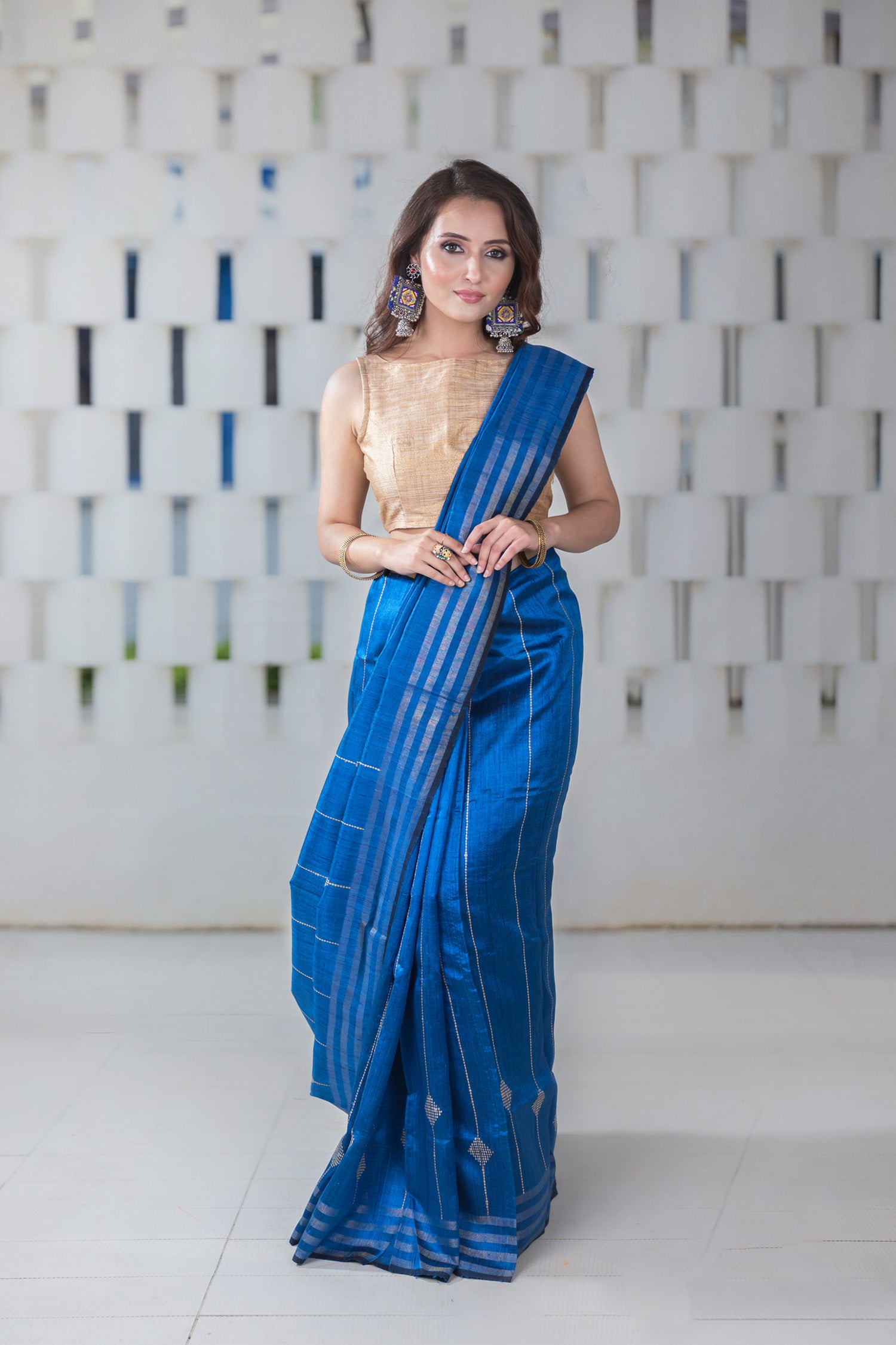 Cold Cobalt-Tassar Silk Handwoven Saree Prasam Crafts
