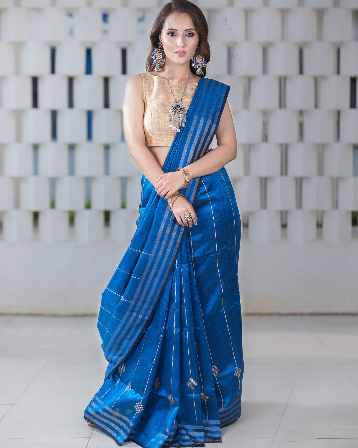 Cold Cobalt-Tassar Silk Handwoven Saree Prasam Crafts