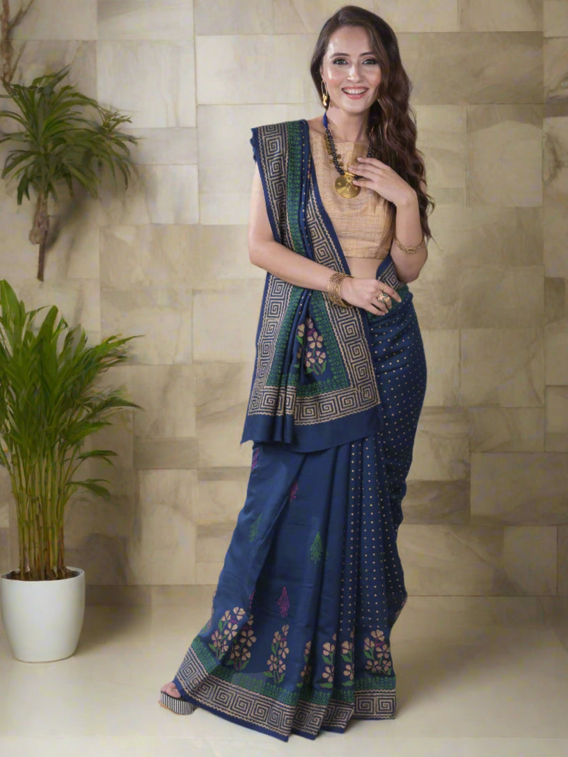 Pressed Florals-HandBlock Print Silk Modal Saree Prasam Crafts