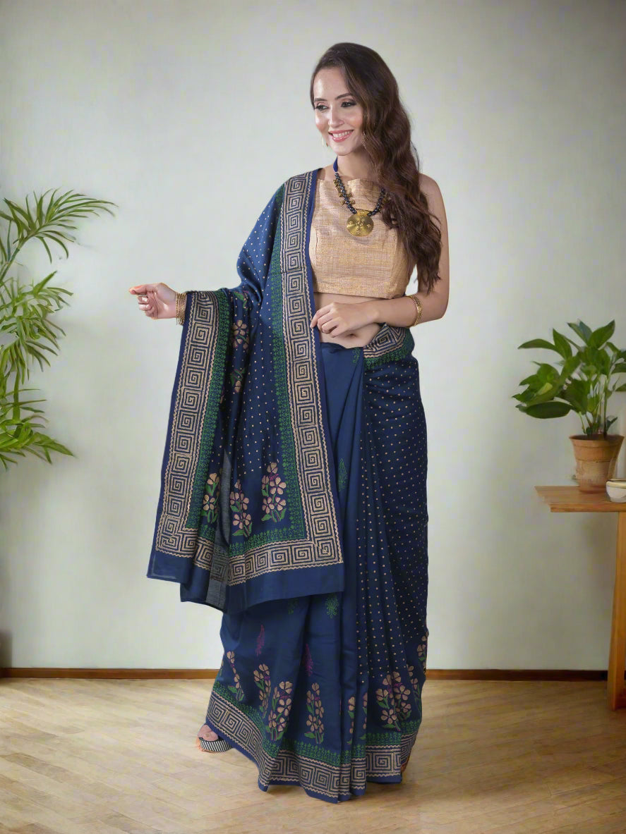 Pressed Florals-HandBlock Print Silk Modal Saree Prasam Crafts