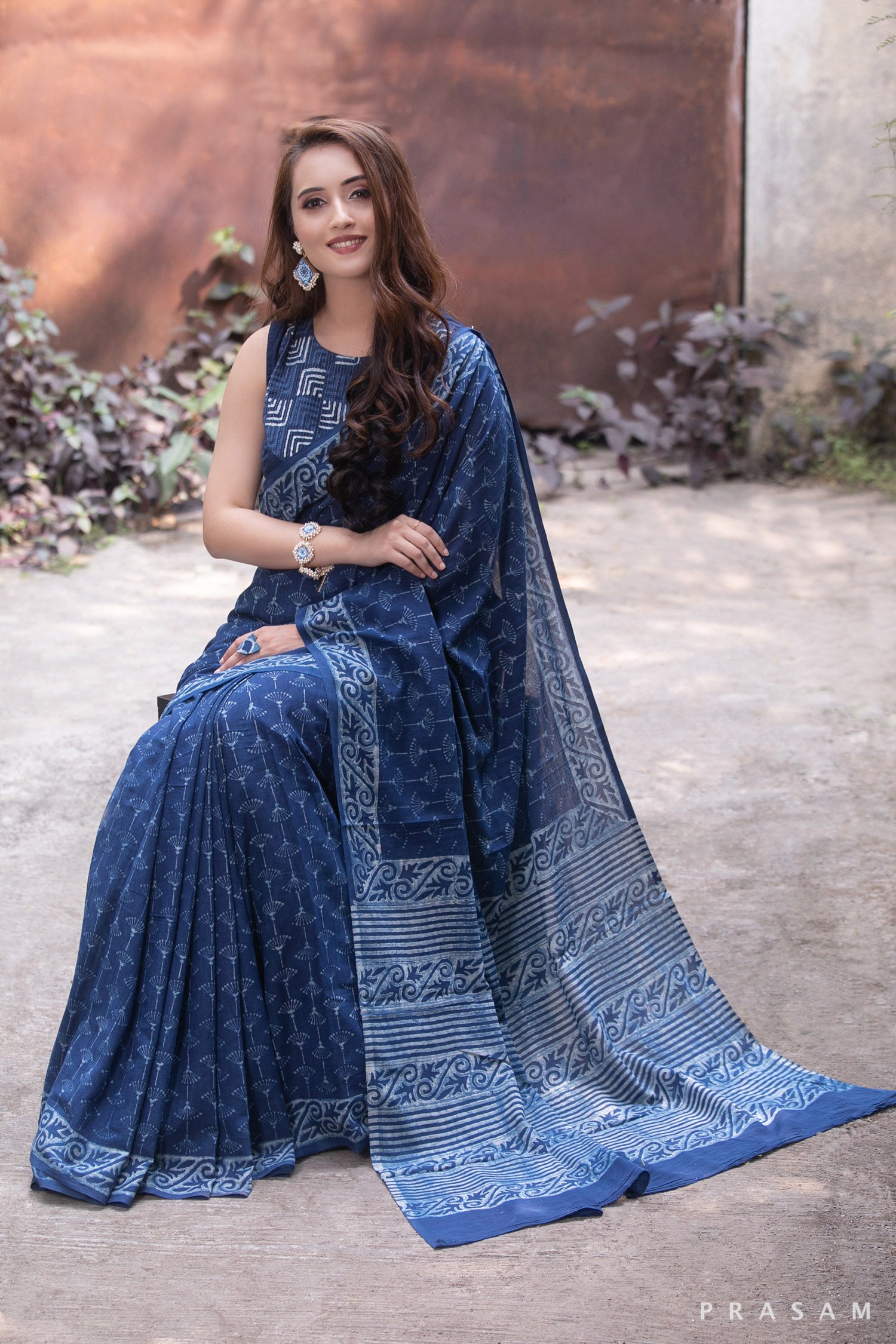 Indigo Poetry-Indigo Natural Dye Block Print Cotton Saree