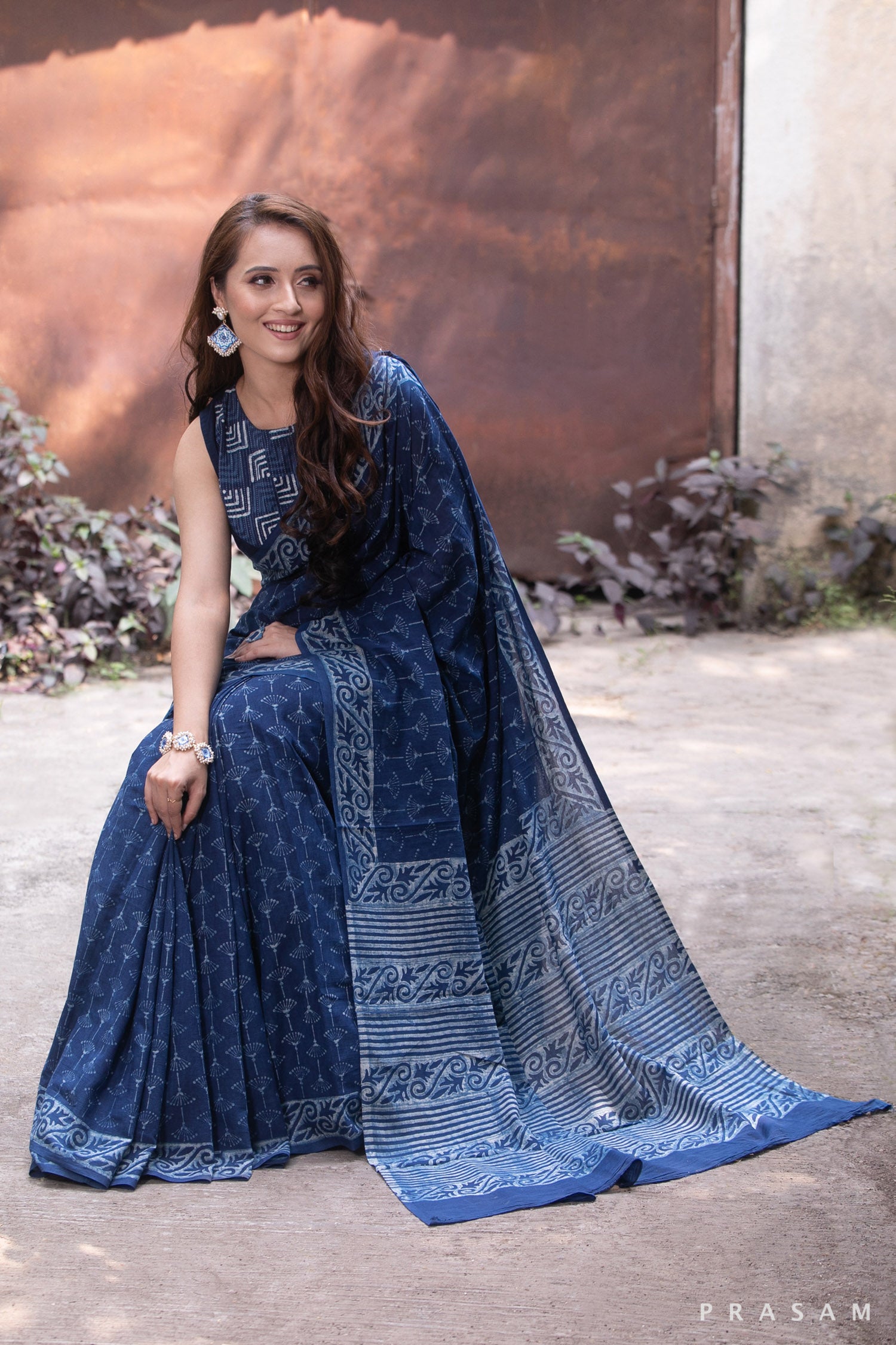 Indigo Poetry-Indigo Natural Dye Block Print Cotton Saree