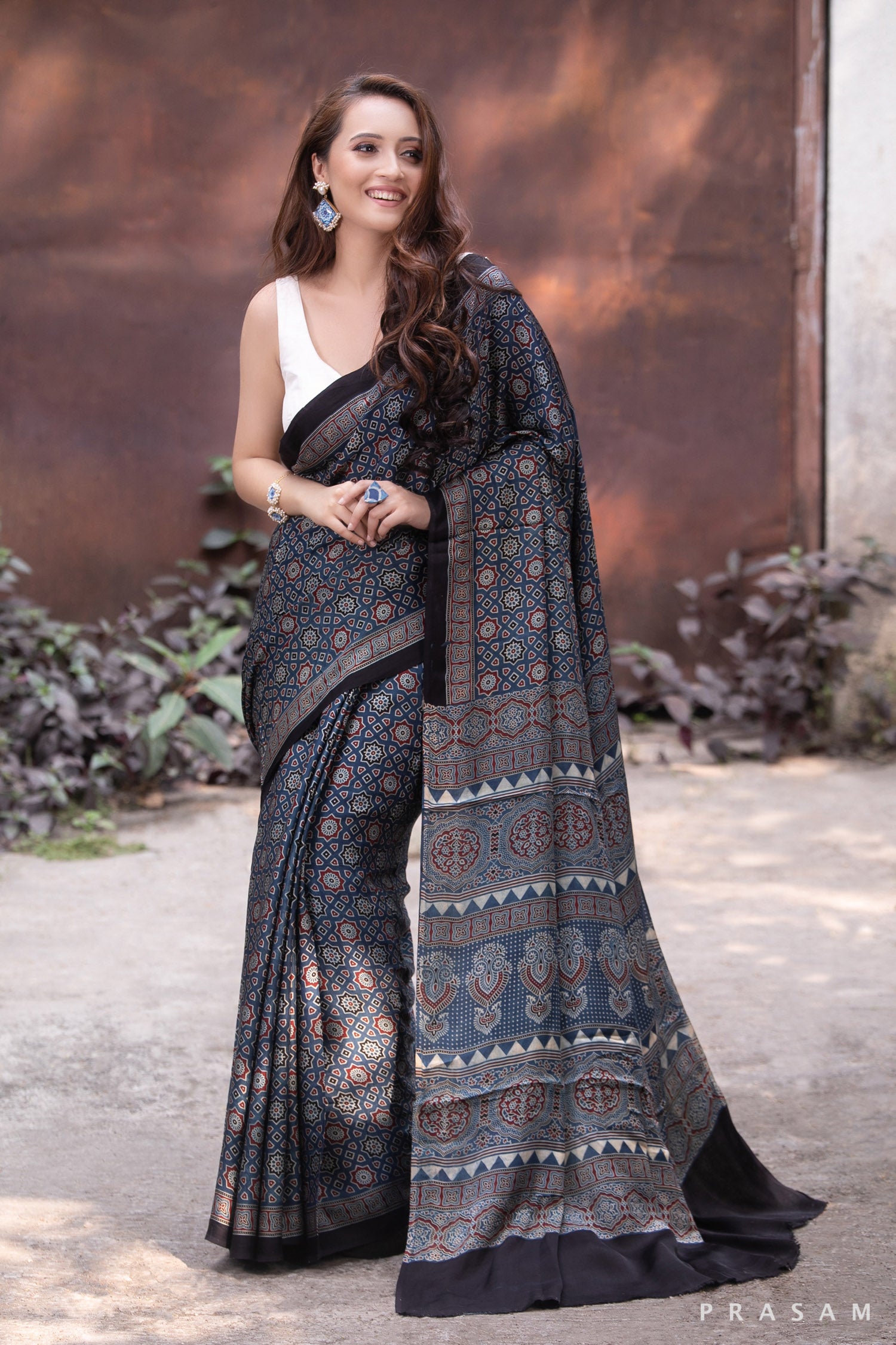 Mystic nightfall-Ajrakh Modal Silk Saree Prasam Crafts
