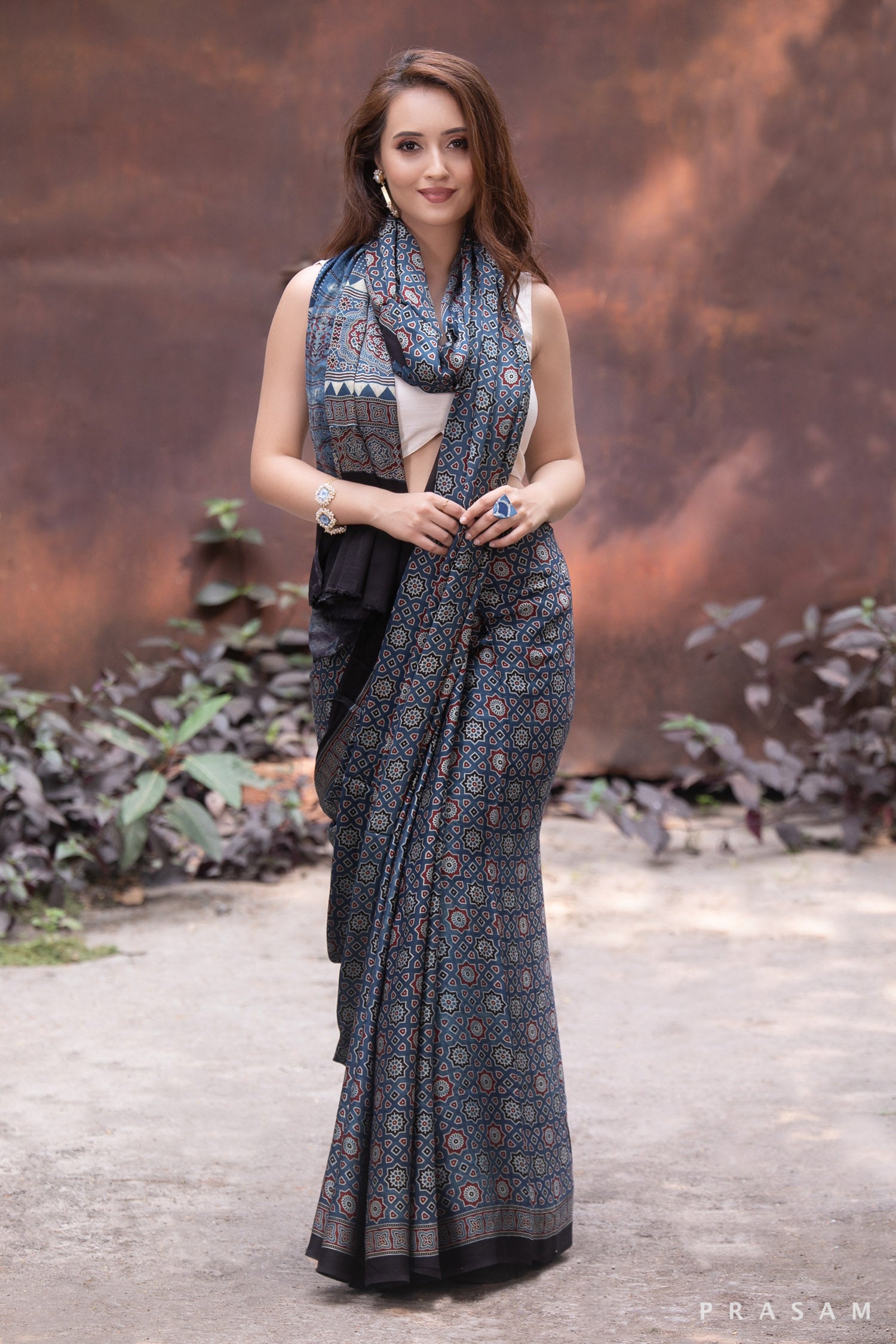 Mystic nightfall-Ajrakh Modal Silk Saree Prasam Crafts