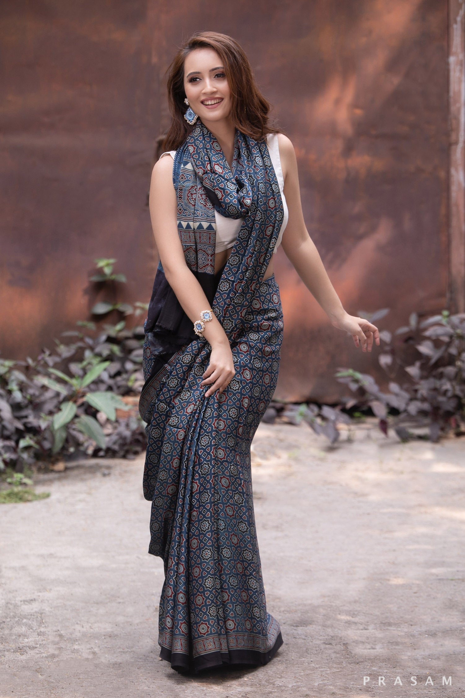 Mystic nightfall-Ajrakh Modal Silk Saree Prasam Crafts