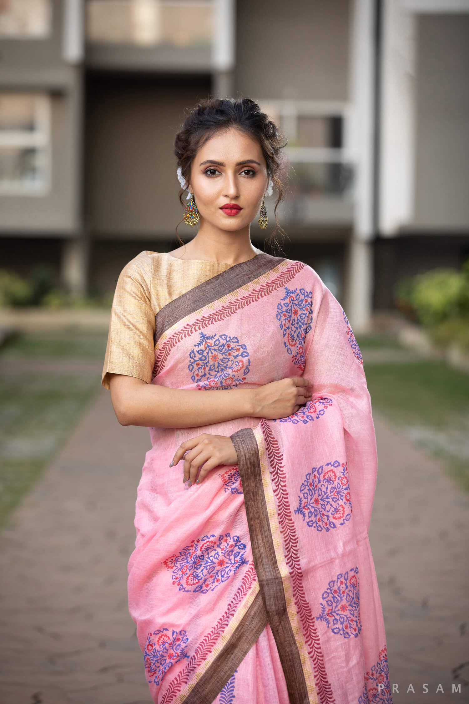 Pink And Blue Tunes Linen Handblock print Saree Prasamcrafts Handcrafted Festive Workwear Dailywear