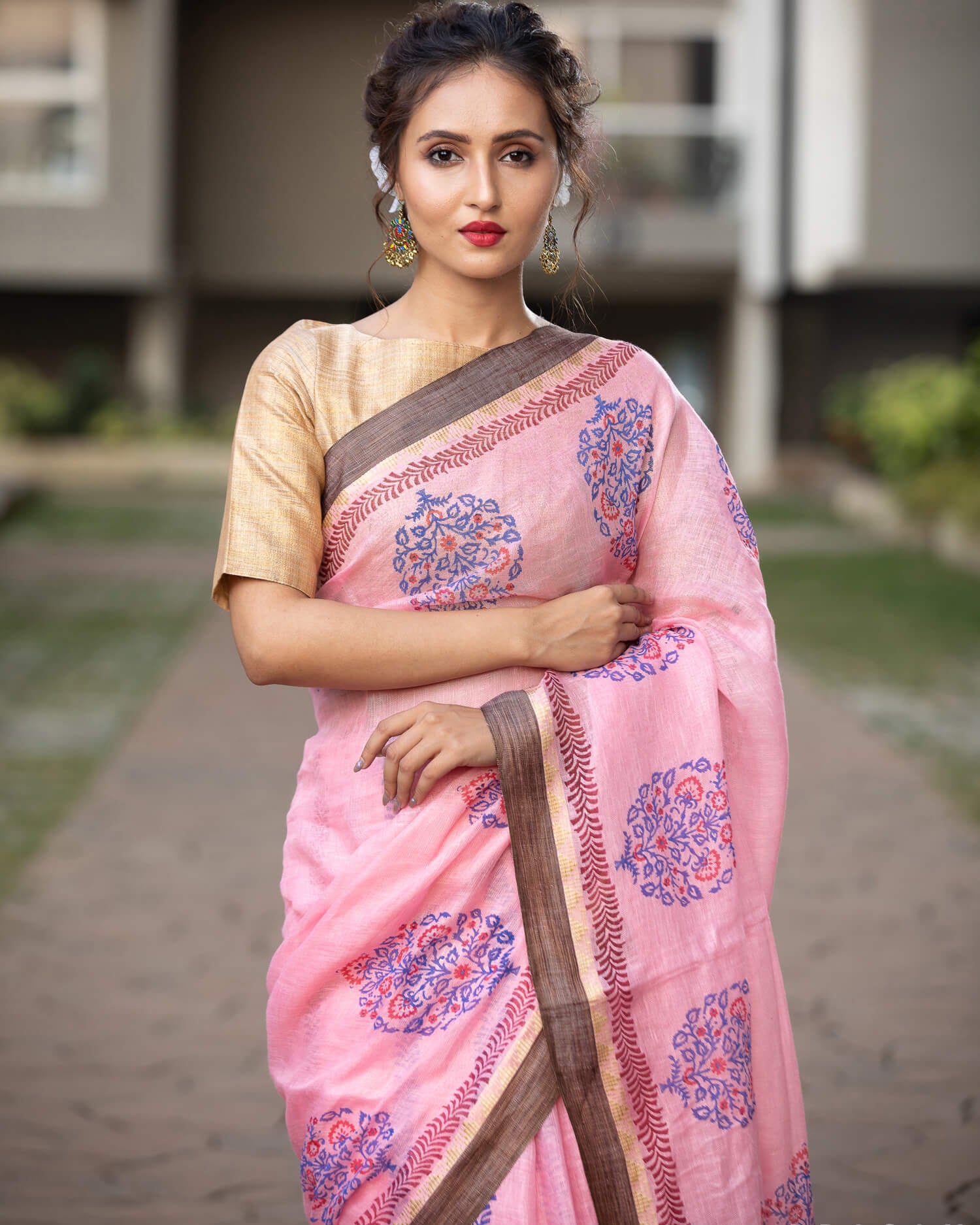 Pink And Blue Tunes Linen Handblock print Saree Prasamcrafts Handcrafted Festive Workwear Dailywear