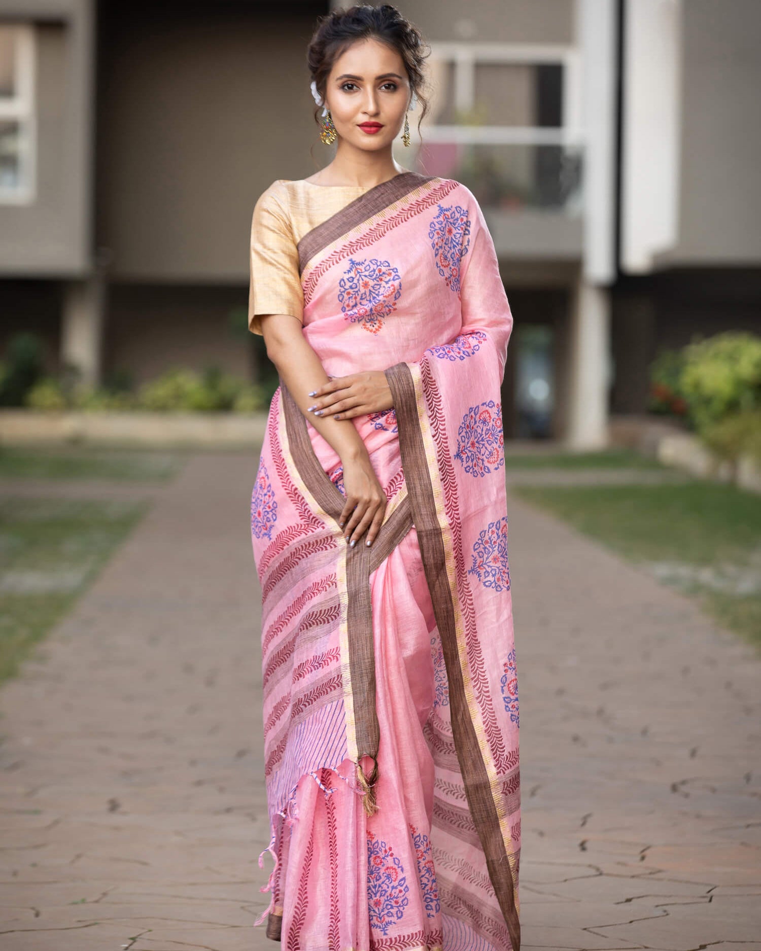 Pink And Blue Tunes Linen Handblock print Saree Prasamcrafts Handcrafted Festive Workwear Dailywear
