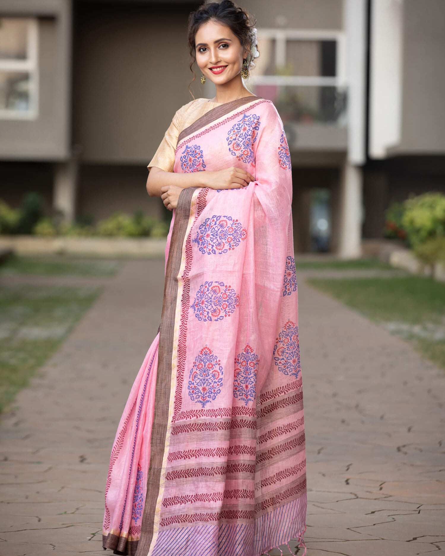 Pink And Blue Tunes Linen Handblock print Saree Prasamcrafts Handcrafted Festive Workwear Dailywear