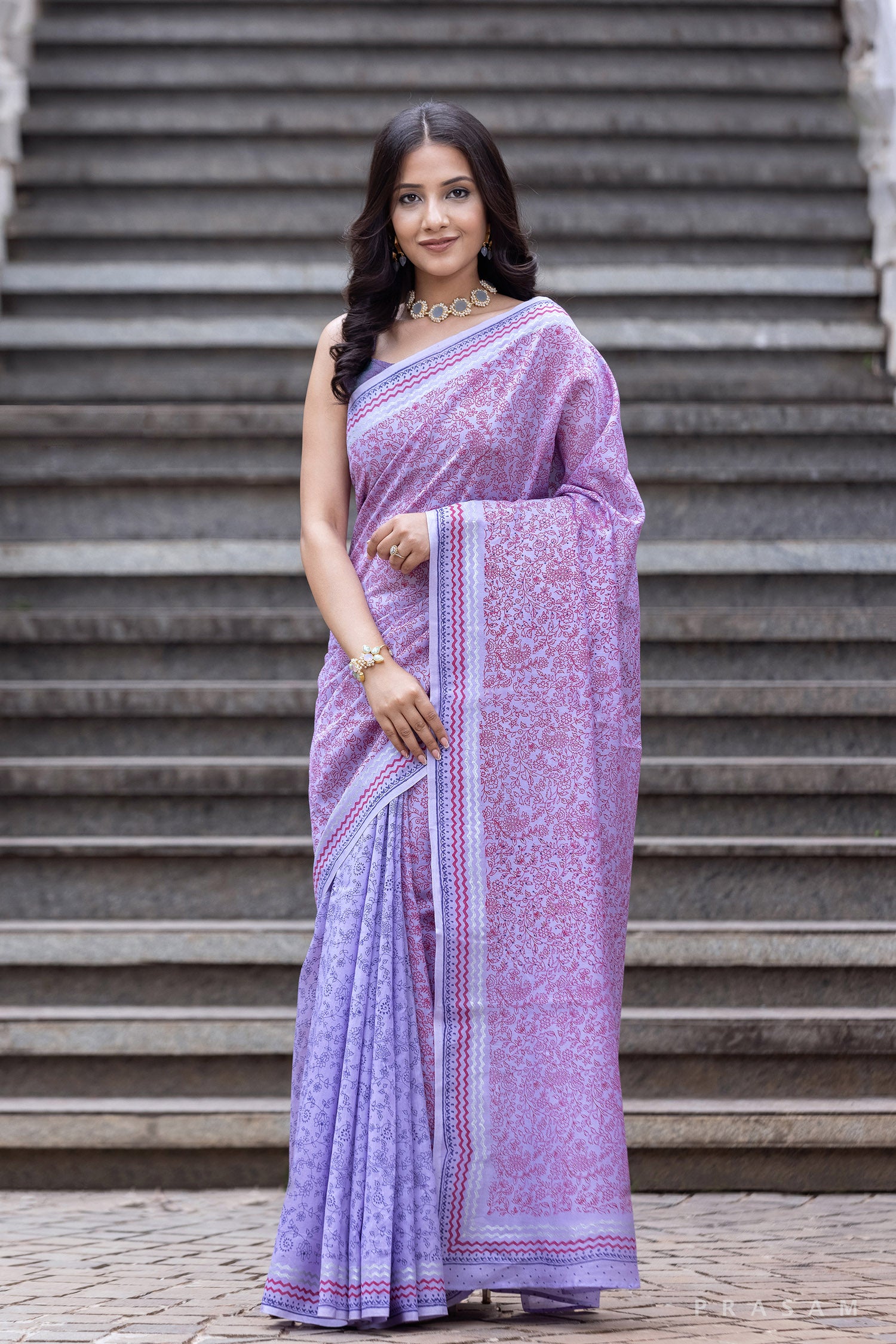 Cottage Landscape - Chanderi Block Print Saree Prasam Crafts