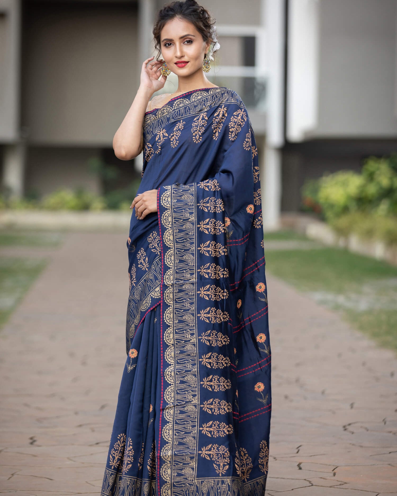 Sapphire Star Bust Silk Modal handblock print Saree Prasamcrafts Handcrafted Festivewear